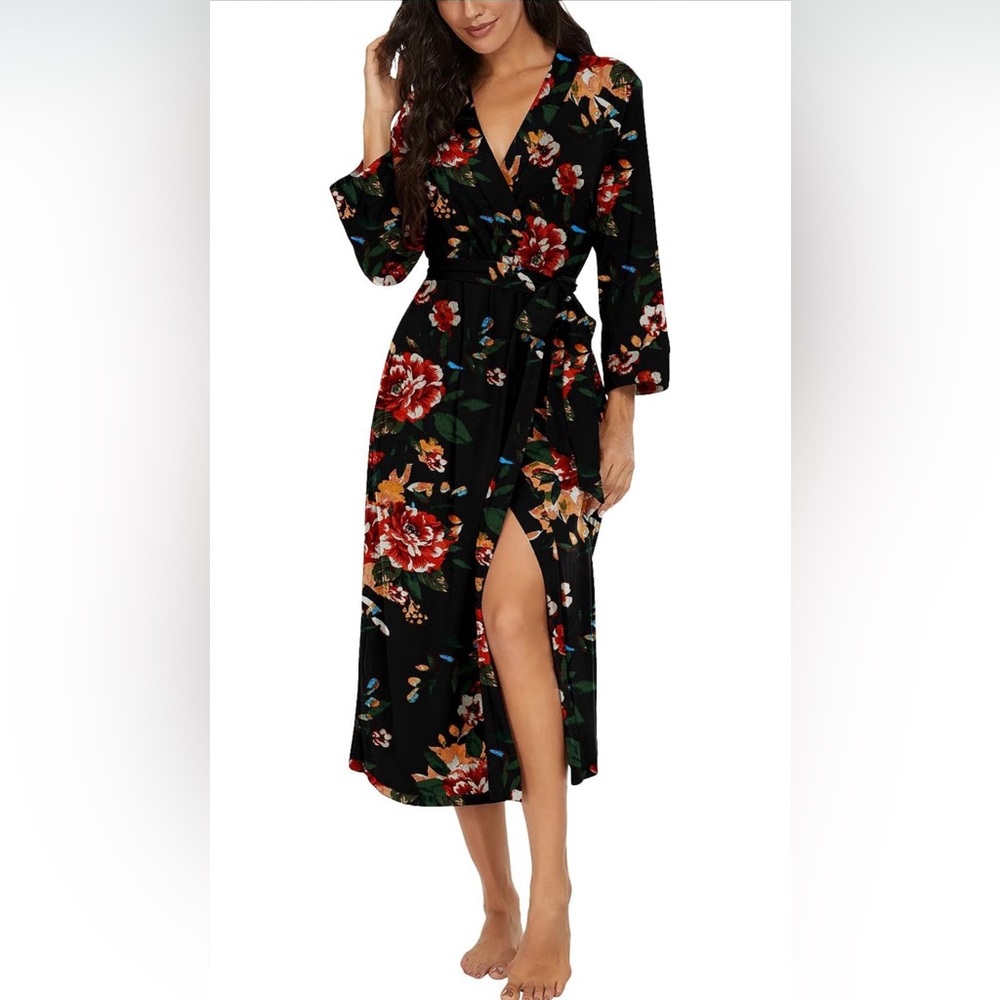 Women’s Long Black Floral Print Dress Casual Loungewear Kimono Robe Wrap